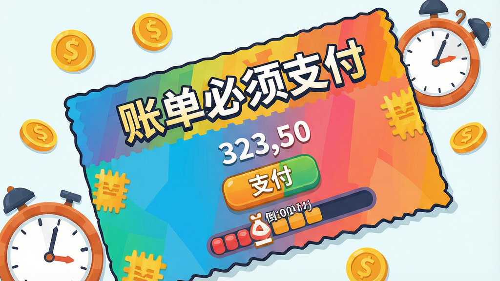 账单必须支付游戏内账单场景展示,主体为一张夸张的彩色账单卡片,卡片上写有“账单必须支付”字样,周围散落金币和时钟,布局采用对角构图,排版错落有致,风格为卡通扁平插画,细节包含账单上的数字、支付按钮、倒计时进度条,画面干净清爽,无多余元素,高清画质。