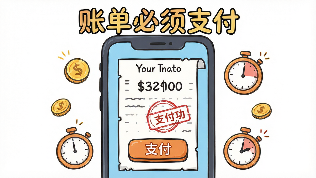 账单必须支付软件主界面全貌,主体为一个卡通风格的手机屏幕,屏幕中央显示一张夸张的账单纸张和支付按钮,周围环绕金币和倒计时图标,布局居中对称,排版简洁大方,风格为扁平化卡通手绘,细节包含账单上的数字、支付成功印章、时钟指针,画面干净明亮,无多余元素,高清画质,软件名称“账单必须支付”以艺术字体展示在画面顶部。