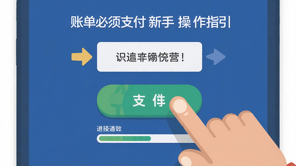账单必须支付新手操作指引界面,主体为一只卡通手指点击支付按钮的特写,布局为居中构图,排版简洁明了,风格为扁平化图标设计,细节包含提示箭头、文字说明框、进度条,画面干净清晰,无多余元素,高清画质。