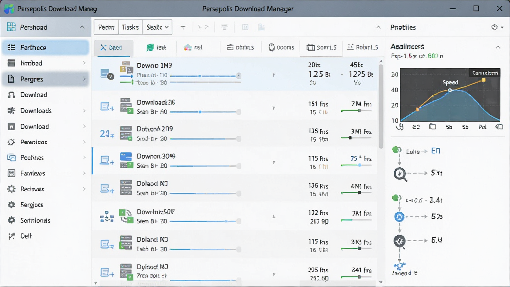 ��������ȫòչʾͼ������ΪPersepolis Download Manager�������洰�ڣ����ֲ�����������ƣ����Ϊ���ർ�������м�Ϊ���������б����Ҳ�Ϊ������壬�Ű�������룬���Ϊ�ִ���ƽ���Ƽ��磬ϸ�ڰ������������ٶ�����ͼ�����������ӽڵ�ͼ�꣬���ʸ��壬����ɾ����޶���Ԫ��