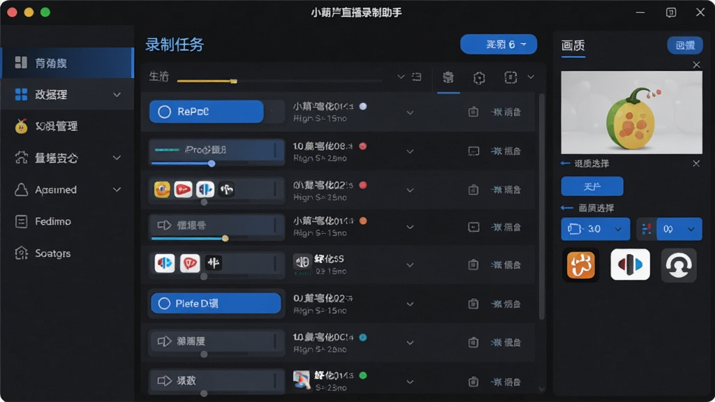 一张展现小葫芦直播录制助手NEW软件界面的预览图,画面中央是软件主窗口,左侧为功能导航栏,右侧为录制任务列表与画质选择面板,整体采用深色主题搭配蓝色高亮按钮,界面干净整洁,布局清晰,风格为现代软件UI设计,细节上体现录制按钮、进度条与平台图标,画质高清,干净,无多余元素