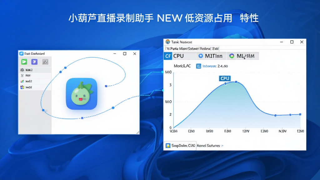 一张体现小葫芦直播录制助手NEW低资源占用特性的概念图,画面左侧是软件后台运行的小窗口,右侧是电脑任务管理器显示低CPU占用的图表,整体风格为科技感信息图,配色以蓝白为主,细节上体现流畅的运行曲线与软件图标,画质高清,干净,无多余元素
