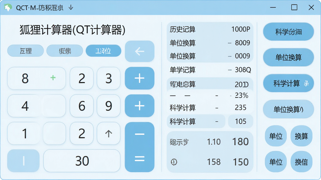 主体为狐狸计算器(QT计算器)软件主界面截图,布局采用居中展示,左侧为数字键盘区,右侧为历史记录与功能切换面板,排版简洁清晰,风格为扁平化现代UI,细节包含浅蓝色主题色、圆角按钮、科学计算符号,画质为高清1080P,干净无多余元素,画面中文字包含