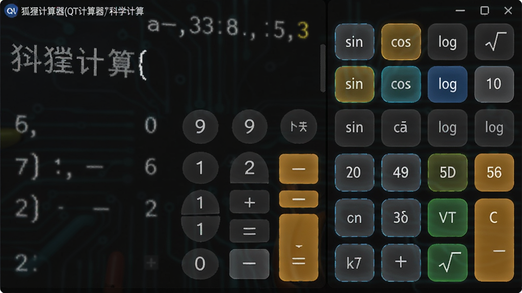 主体为狐狸计算器(QT计算器)科学计算模式界面,布局采用全屏展示,排版左侧为表达式输入区,右侧为函数按钮面板,风格为深色科技风,细节包含sin、cos、log、√等函数按钮高亮显示,画质为高清,干净无多余元素,画面中文字包含