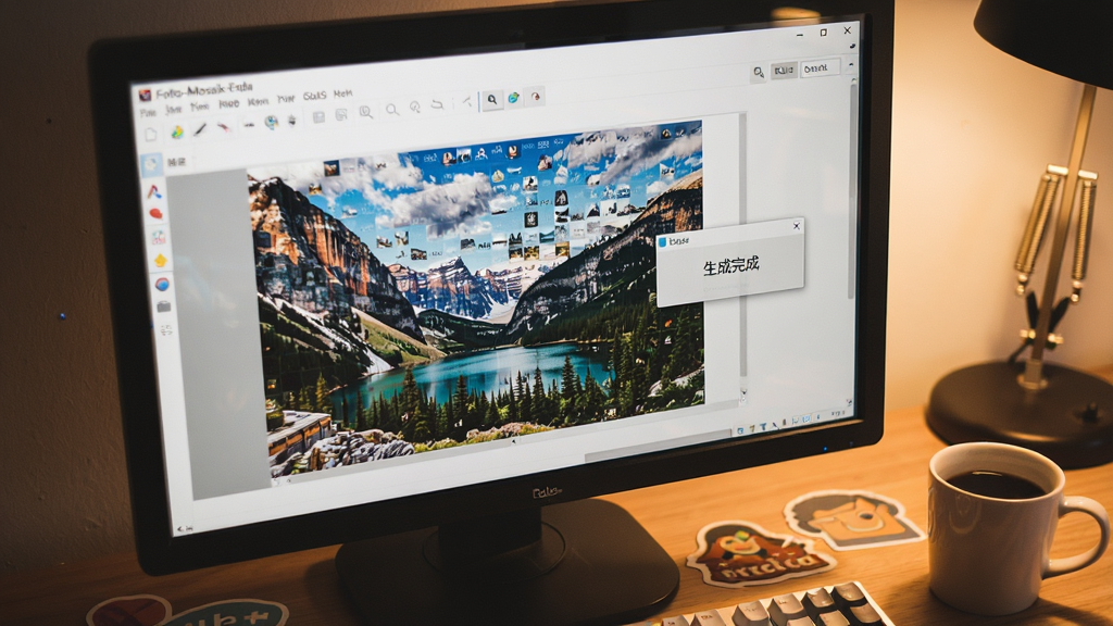 一张电脑桌面上打开着 Foto-Mosaik-Edda 软件界面,界面中显示着一幅由小图片拼成的风景马赛克图,旁边有一个提示框写着“生成完成”,桌面上还放着几张贴纸和一杯咖啡,整体氛围轻松办公,风格为暖色调实拍感,布局采用三分法构图,细节包括屏幕反光和键盘一角,画质高清,干净,无多余元素。