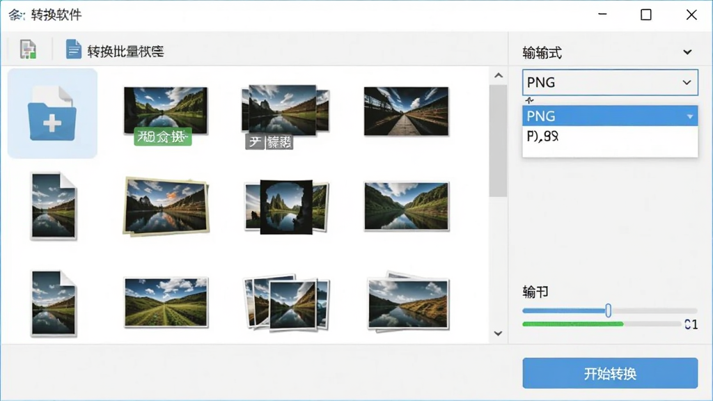 图片转换器软件的多格式批量转换功能界面截图,画面中展示着多个图片文件缩略图排列在列表里,右侧显示输出格式下拉菜单选中了PNG选项,底部有开始转换按钮,整体风格为清爽的浅色主题,界面元素包含文件图标、格式标签、进度指示,画质清晰,画面干净整洁,无多余装饰。