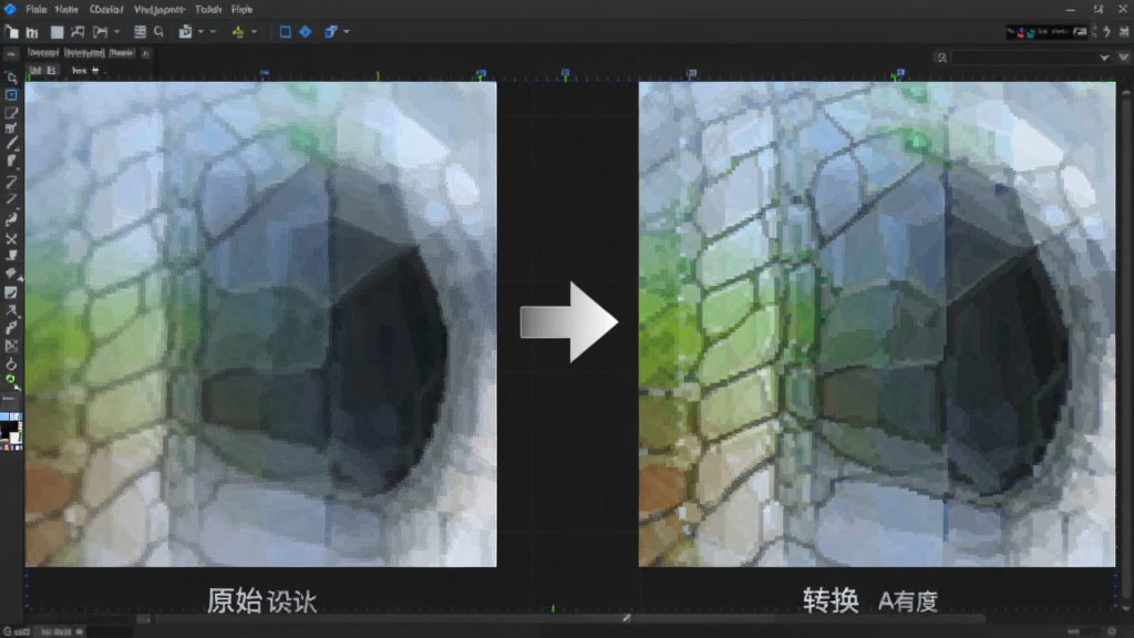 图片转换器软件的高清无损转换效果对比示意图,画面左侧为原始图片局部放大细节,右侧为转换后图片局部放大细节,两者画质一致,中间有转换箭头连接,背景为深灰色工作区,风格为专业图像处理软件界面,细节展示像素级清晰度,画质极高,画面干净,无杂乱元素。