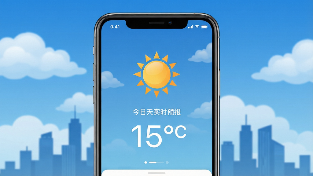 一张展示今日天气实时预报软件主界面的图片,画面中央是手机屏幕,屏幕内显示着晴朗的天气图标和温度数字,背景是蓝天白云和城市剪影,布局简洁,风格现代科技感,细节清晰,画质高清,干净无多余元素。