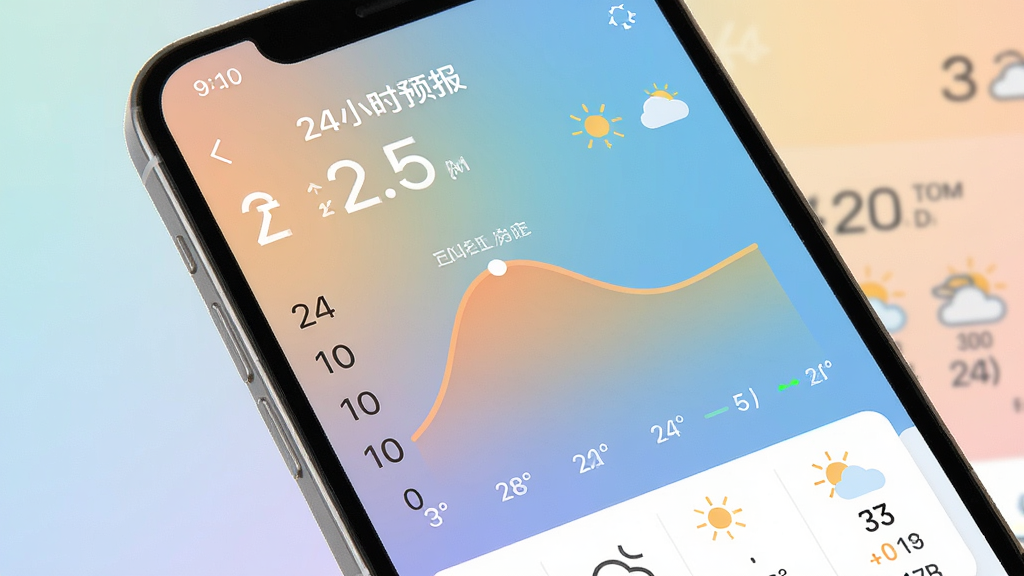 一张展示今日天气实时预报24小时趋势曲线的手机界面图,画面主体是手机屏幕,屏幕内显示着平滑的温度曲线和天气图标,背景是柔和的渐变色,布局简洁,风格清新现代,细节清晰,画质高清,干净无多余元素。