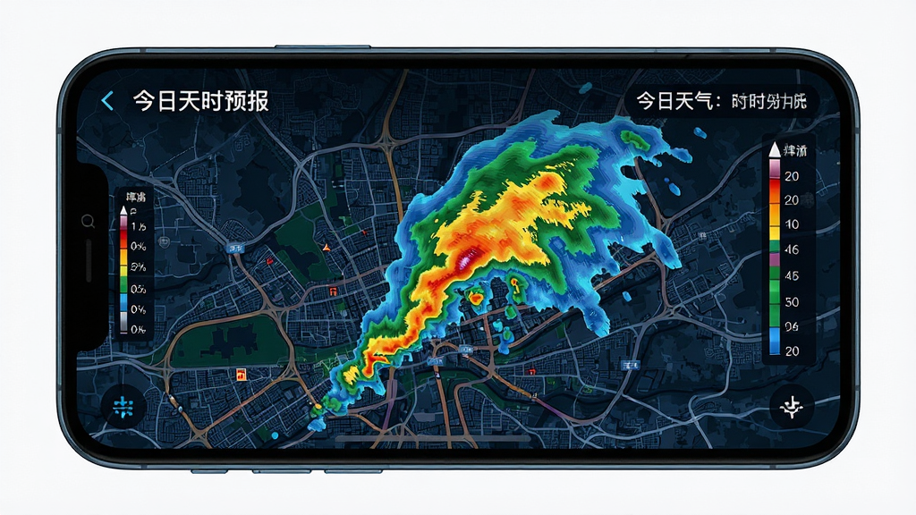 一张展示今日天气实时预报分钟级降水雷达图的界面截图,画面主体是手机屏幕,屏幕内显示着彩色雷达回波图覆盖在城市地图上,布局清晰,风格科技感强,细节丰富,画质高清,干净无多余元素。