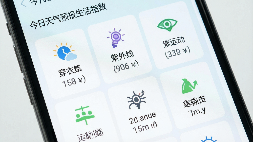 一张展示今日天气实时预报生活指数页面的图片,画面主体是手机屏幕,屏幕内显示着穿衣、紫外线、运动等图标和文字建议,布局网格状,风格清新浅色,细节清晰,画质高清,干净无多余元素。
