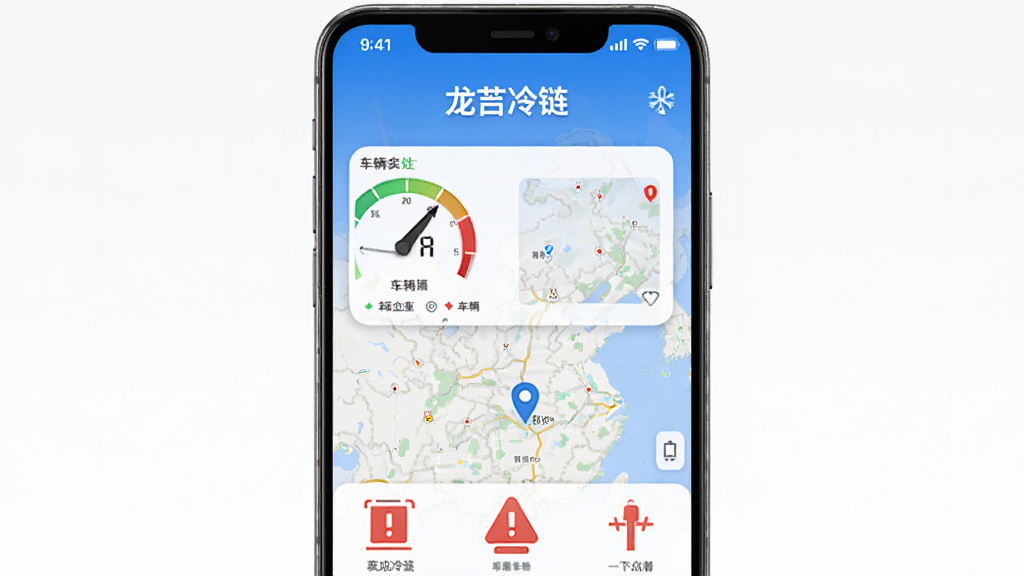主体为一部安卓手机屏幕,布局为居中展示,排版为手机界面显示龙刍冷链APP首页,风格为写实科技风,细节为界面中包含温度仪表盘、车辆位置地图、报警提示图标,屏幕上方有“龙刍冷链”字样,画质为高清,干净,无多余元素