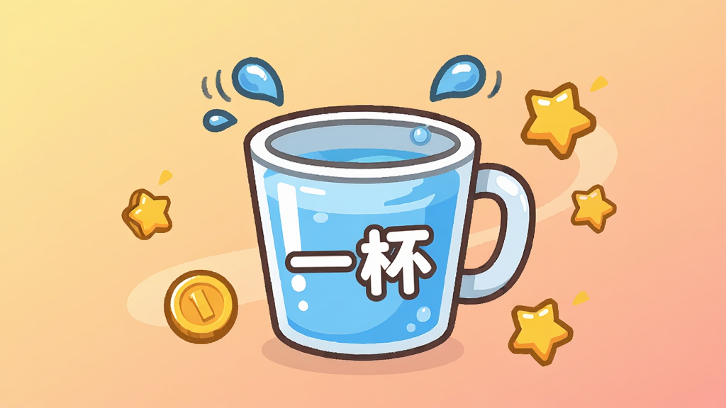 一杯小游戏主界面预览图,画面中心是一个印有“一杯”字样的卡通水杯,周围环绕着金币和星星元素,背景是柔和的暖色调渐变,布局简洁清晰,风格为扁平化休闲卡通,细节包含水杯上的高光和动态水滴,画质清晰干净,无多余元素