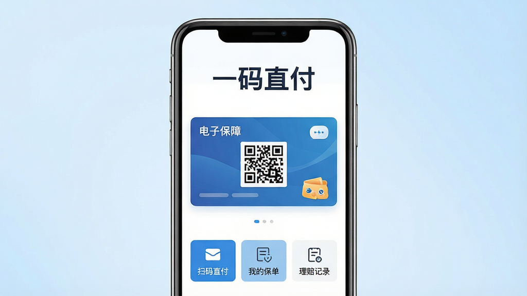 一码直付软件主界面展示图,画面中央是一部竖屏智能手机,手机屏幕上显示着一码直付App的首页界面,顶部有醒目的