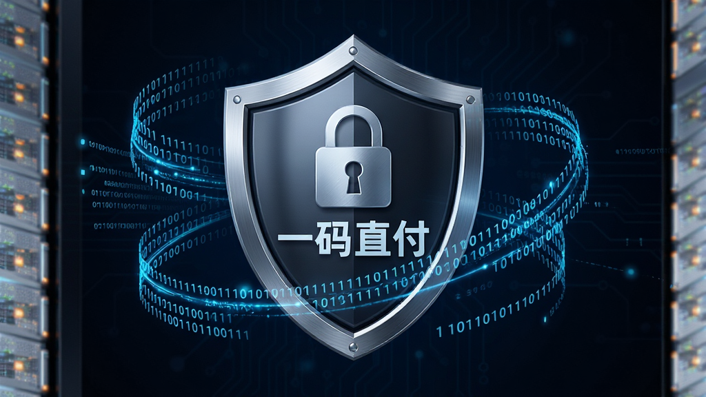 一码直付安全加密功能展示图,画面中央是一个盾牌图标,盾牌内部有一把锁和