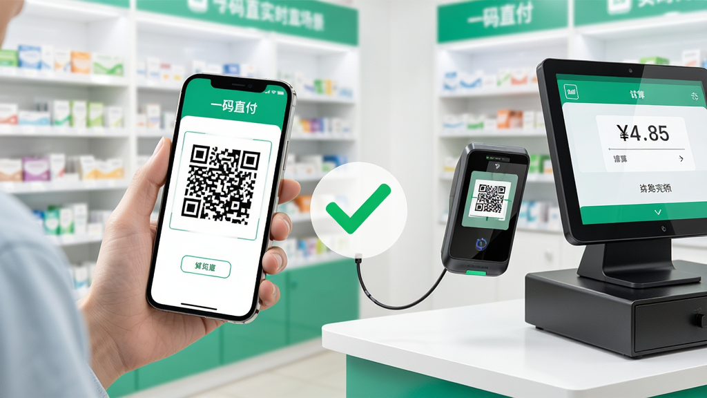 一码直付实时直付场景展示图,画面左侧是一位用户手持手机展示二维码,右侧是药房收银台的扫码设备,中间有一道代表结算完成的绿色对勾图标,背景是明亮的药房环境,布局左右呼应,风格写实清新,细节包括手机屏幕上的