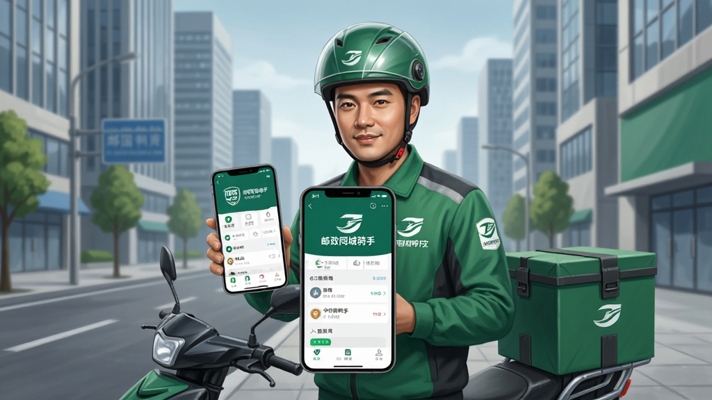 画面主体是一位身穿中国邮政绿色制服的骑手站在城市街道旁,手持智能手机,手机屏幕上显示“邮政同城骑手”应用界面,背景是现代化的城市楼群与街道,布局为竖版手机海报风格,排版上应用界面居中突出,风格为写实商业插画,细节包括骑手头盔、邮政标志、电动车、包裹箱,画质高清,干净,无多余元素。