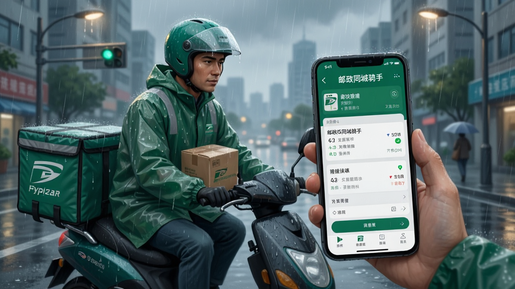画面主体是一位骑手在雨中配送包裹,身穿邮政绿色雨衣,手持手机查看“邮政同城骑手”应用中的订单追踪界面,背景是城市街道与雨景,布局为横版场景插画,排版上人物与手机界面形成视觉焦点,风格为写实风格数字绘画,细节包括雨滴、包裹防水袋、电动车、路灯,画质高清,干净,无多余元素。