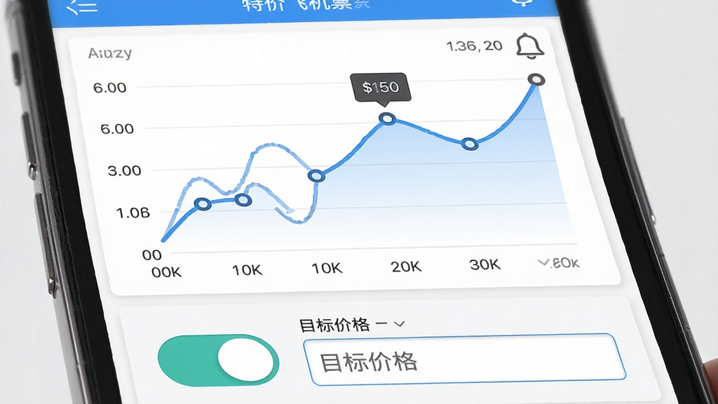 特价飞机票查询价格趋势与提醒功能界面,主体为手机屏幕展示折线图与提醒设置,布局上方为价格走势折线图,下方为提醒开关与目标价格输入框,排版清晰,风格为现代数据可视化风格,细节包含坐标轴、价格节点、铃铛图标,画质高清,干净,无多余元素