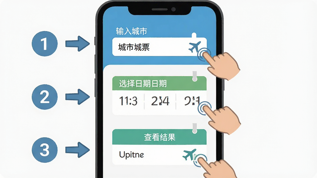 特价飞机票查询使用教程示意图,主体为手机屏幕展示操作步骤,布局分为三步,第一步输入城市,第二步选择日期,第三步查看结果,排版从上到下排列,风格为扁平化教程风格,细节包含箭头指示、手指点击图标、步骤编号,画质高清,干净,无多余元素