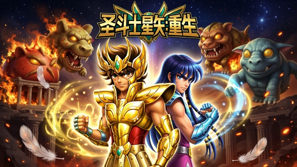 一幅以圣斗士星矢:重生为主题的竖版游戏宣传图,画面主体是身穿黄金圣衣的星矢与紫龙背靠背站立,背景是燃烧的十二宫与星空,布局上角色居中、Logo置于顶部,排版采用游戏海报风格,细节包括圣衣金属光泽、小宇宙能量光效、飞舞的羽毛与火星,画质高清、干净、无多余元素,图片中文字为“圣斗士星矢:重生”。