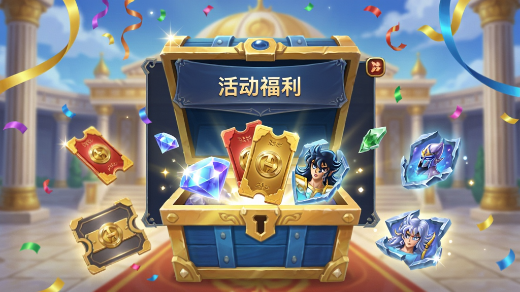 一幅展示圣斗士星矢:重生游戏活动福利界面的示意图,画面主体是打开的活动面板与奖励宝箱,宝箱中飞出钻石、招募券、角色碎片,背景是圣域宫殿与彩带,布局上活动面板居中、奖励物品环绕四周,风格为游戏活动宣传风,细节包括宝箱光泽、钻石闪烁、彩带飘落,画质高清、干净、无多余元素。