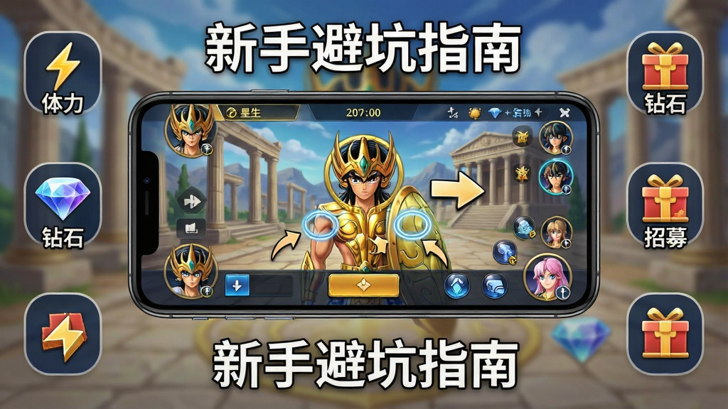 一幅展示圣斗士星矢:重生新手操作界面的示意图,画面主体是手机屏幕中显示游戏主界面与新手引导箭头,背景是圣域场景,布局上手机居中、周围环绕“体力”“钻石”“招募”等图标,风格为游戏攻略示意图,细节包括UI按钮、引导光圈、角色头像,画质高清、干净、无多余元素,图片中文字为“新手避坑指南”。