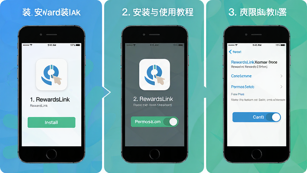 RewardsLink��װ��ʹ�ý̳�ʾ��ͼ���ֻ���Ļչʾ��װ�����Ȩ�����ý��棬�����Ϊ�����������򣬰���RewardsLinkͼ�ꡢ��װ��ť��Ȩ�޿��ص�Ԫ�أ��������ƽ������ɫ���£������������ɾ��޶���Ԫ��