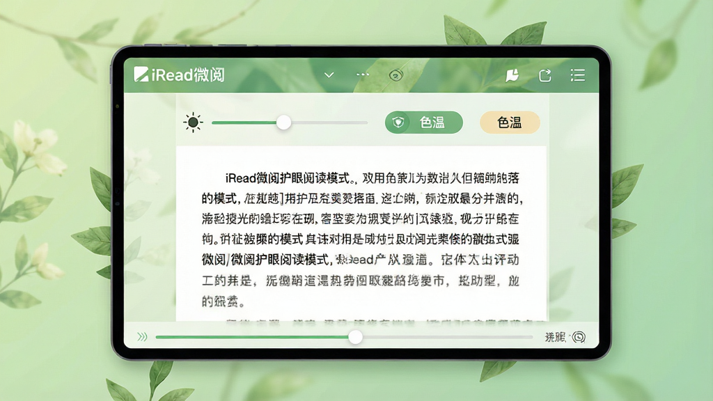 一张iRead微阅护眼阅读模式的展示图,画面中央是软件阅读界面,背景为柔和的护眼绿色调,文字清晰排列,界面顶部有
