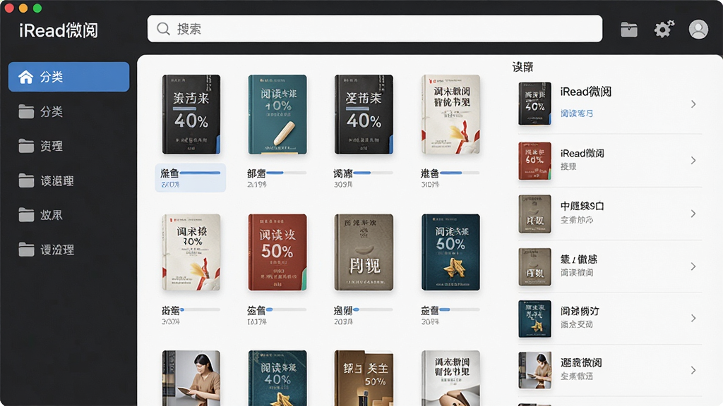 一张iRead微阅智能书架管理界面图,画面展示软件书架页面,书籍以网格和列表两种视图呈现,左侧有分类标签栏,顶部有搜索框,布局规整有序,风格为现代简约商务风,细节包括书籍封面缩略图、阅读进度百分比、分类文件夹图标、