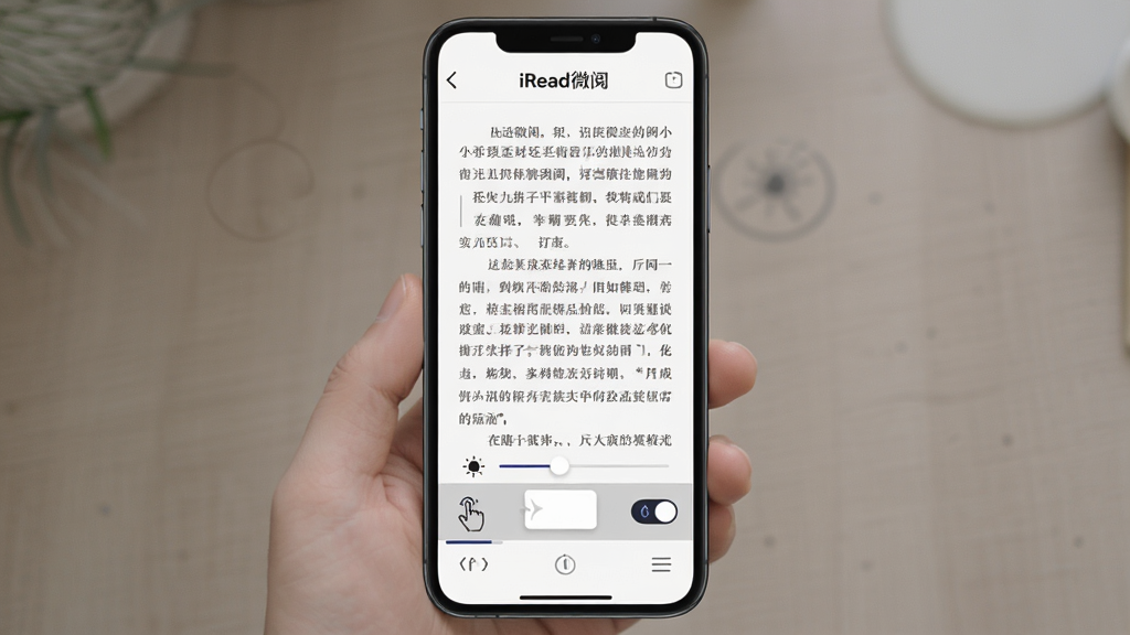 一张iRead微阅移动端阅读界面的展示图,画面是一部智能手机,屏幕中显示iRead微阅阅读器打开了一本小说,界面底部有翻页进度和菜单栏,顶部有
