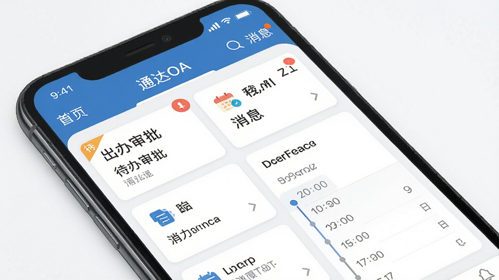 一张展示通达OA移动端应用界面的图片,主体是智能手机屏幕上的移动办公应用,布局为顶部导航栏与下方功能卡片列表,排版简洁明了,风格为移动端扁平化设计,细节包括待办审批角标、消息通知提醒、日程时间轴,画质高清,画面干净,无多余元素