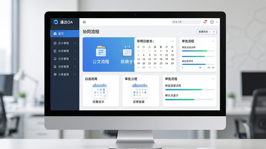 一张展示通达OA办公系统整体界面的图片,主体是电脑屏幕上的协同办公管理软件主界面,布局为左侧功能导航栏与右侧数据看板,排版清晰有序,风格为现代商务科技感,细节包括公文流转图标、日程安排卡片、审批流程进度条,画质高清,画面干净,无多余元素