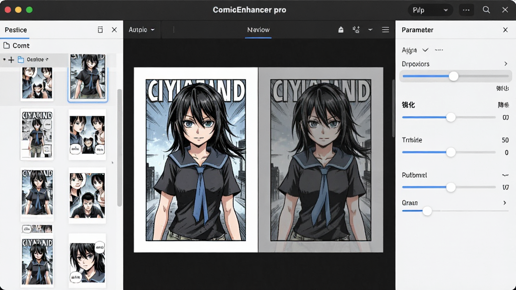 一张展示 Comicenhancer pro 软件界面的图片。主体为软件主窗口,布局分为左侧文件列表区、中央预览对比区、右侧参数调节面板。排版整齐,风格为现代简约科技风。细节包括漫画页面缩略图、处理前后的对比滑块、锐化与降噪滑块控件。画质清晰,干净,无多余元素。