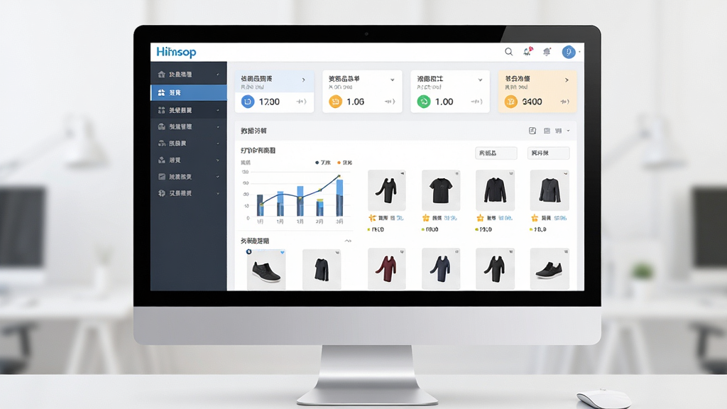 一张展示Hishop网店系统软件界面的全景图,主体为电脑屏幕上显示的网店后台管理面板,布局分为左侧菜单栏、顶部数据概览卡片与中央商品列表区域,排版整齐清晰,风格为现代商务简约风,细节包括图表、订单图标与商品缩略图,画质高清干净,无多余元素。