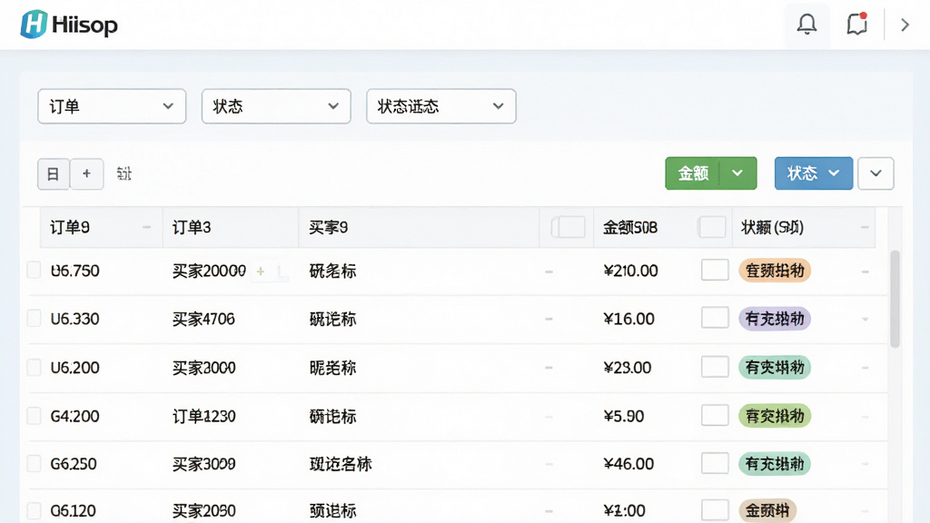 一张Hishop网店系统订单管理后台的界面截图风格图片,主体为订单列表表格与状态筛选按钮,布局为上方筛选栏、下方数据表格,排版规整,风格为清爽浅色商务风,细节包括订单编号、买家昵称、金额与状态标签,画质高清干净,无多余元素。