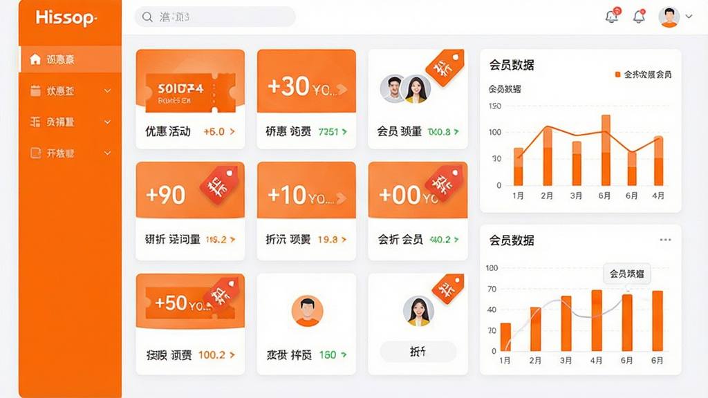 一幅展示Hishop网店系统营销工具面板的图片,主体为多种营销活动卡片与会员数据图表,布局采用网格状排列,排版紧凑有序,风格为活力橙色与白色搭配的现代UI风,细节包括优惠券图标、折扣标签与会员头像,画质清晰干净,无多余元素。