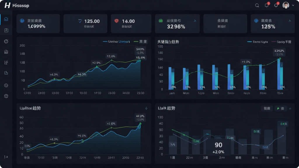 一幅Hishop网店系统数据仪表盘界面的图片,主体为折线图、柱状图与关键指标数字卡片,布局为上方核心数据、下方趋势图表,排版对称,风格为深色科技风仪表盘,细节包括坐标轴、图例与百分比标注,画质清晰干净,无多余元素。