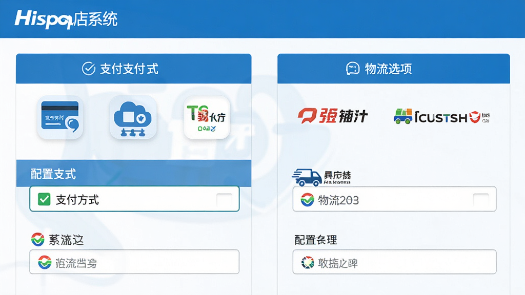 一张Hishop网店系统支付与物流配置页面的示意图,主体为支付图标与物流公司Logo排列,布局为左右分栏,左侧支付方式、右侧物流选项,排版清晰,风格为简洁商务蓝白风,细节包括对勾选中状态与配置输入框,画质高清干净,无多余元素。