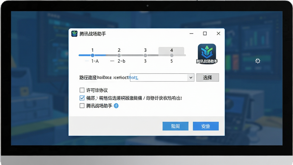 一张展示“腾讯战场助手”安装引导界面的图片,主体为电脑屏幕中弹出的安装向导窗口,布局为居中对话框,排版为步骤条与按钮组,风格为简洁明快的扁平化设计,细节包括路径选择框、许可协议勾选框和“腾讯战场助手”图标,画质高清,干净,无多余元素。