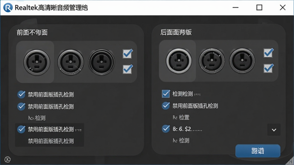 一张展示Realtek高清晰音频管理器插孔设置界面的图片,画面主体为软件设置面板,布局上显示前面板与后面板插孔图标及检测勾选框,风格为软件操作截图,细节上突出“禁用前面板插孔检测”选项位置,画质清晰,干净,无多余元素