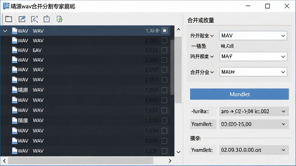 一张展示靖源wav合并分割专家批量合并功能的界面图,主体为软件窗口,布局左侧是已添加的多个WAV文件列表,右侧是合并参数设置区,风格简洁专业,细节包括文件排序箭头、合并按钮、音频时长显示,画质清晰,无多余元素