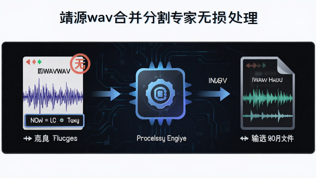 一张展示靖源wav合并分割专家无损处理特性的示意图,主体为音频波形从输入到输出的完整流程,布局左侧为原始WAV文件,中间是处理引擎图标,右侧为输出文件,风格科技感简洁,细节包括无损标识、波形对比、格式标签,画质清晰,无多余元素