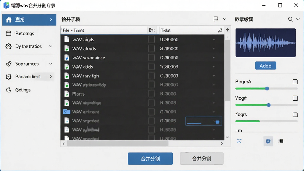 一张干净的软件界面展示图,主体为靖源wav合并分割专家的主窗口,布局中央是文件列表区与合并分割操作按钮,左侧为功能导航,右侧为参数设置面板,风格简洁现代,细节包括WAV波形图标、文件添加按钮、进度条,画质清晰,无多余元素