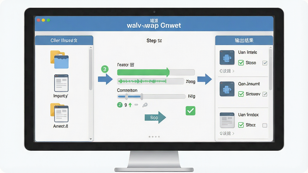一张展示靖源wav合并分割专家操作流程的示意图,主体为电脑屏幕上的软件界面,布局左侧为文件导入区,中间为处理进度,右侧为输出结果,风格扁平化教学风,细节包括步骤编号、箭头指示、完成勾选,画质清晰,无多余元素