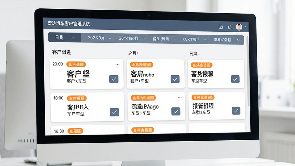 宏达汽车客户管理系统跟进提醒功能界面,主体为电脑屏幕上的日程待办列表,布局为上下结构,上方为日期导航条、下方为按时间排序的客户跟进卡片,排版整齐清晰,风格为简约办公风,细节包括橙色提醒标签、客户姓名与车型小字、勾选完成按钮,画质清晰、画面干净、无多余元素