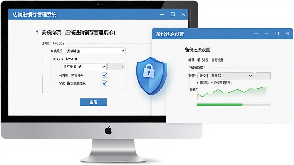 一张AI生成图,画面展示“店铺进销存管理系统”的安装向导界面和备份还原设置页面,屏幕上带有步骤提示和复选框,旁边有一个盾牌图标表示安全防护,风格为软件操作教程截图风,细节包括安装路径选择、备份按钮、进度条,画质高清,干净,无多余元素