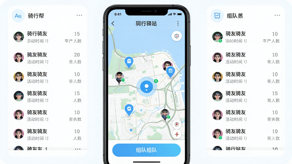 画面主体为手机屏幕展示骑行帮APP的同城驿站地图界面,地图上分布着多个驿站图标与骑友头像,布局采用环绕式构图,中心为地图与定位光标,四周为驿站列表与组队按钮,风格为清新社交风,细节包括距离标签、活动时间、人数统计,画质明亮干净,无多余装饰。