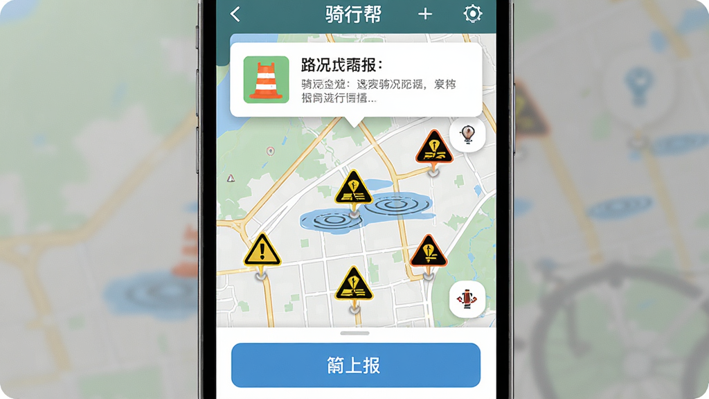 画面主体为手机屏幕展示骑行帮APP的路况上报界面,地图上标注出多个警示图标,布局采用上下分层构图,上方为路况弹窗提醒,中部为地图与标记点,下方为上报按钮,风格为安全警示风,细节包括施工锥桶、积水波纹、事故图标,画质清晰锐利,背景简洁。