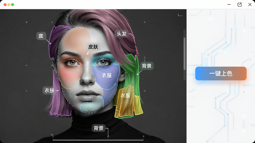 一张黑白照片上色软件的AI识别界面截图,画面中一张黑白人像照片被分割成多个彩色区域,每个区域标注了识别标签如“皮肤”“头发”“衣服”“背景”,界面右侧显示“一键上色”按钮,整体风格科技感强,画质清晰,干净无多余元素。